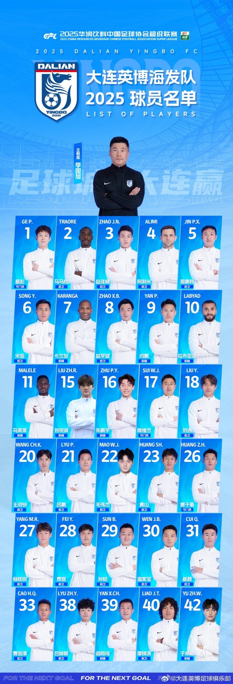  大連英博一線隊(duì)名單：10號(hào)拉布亞德領(lǐng)銜五外援，共30名球員入選