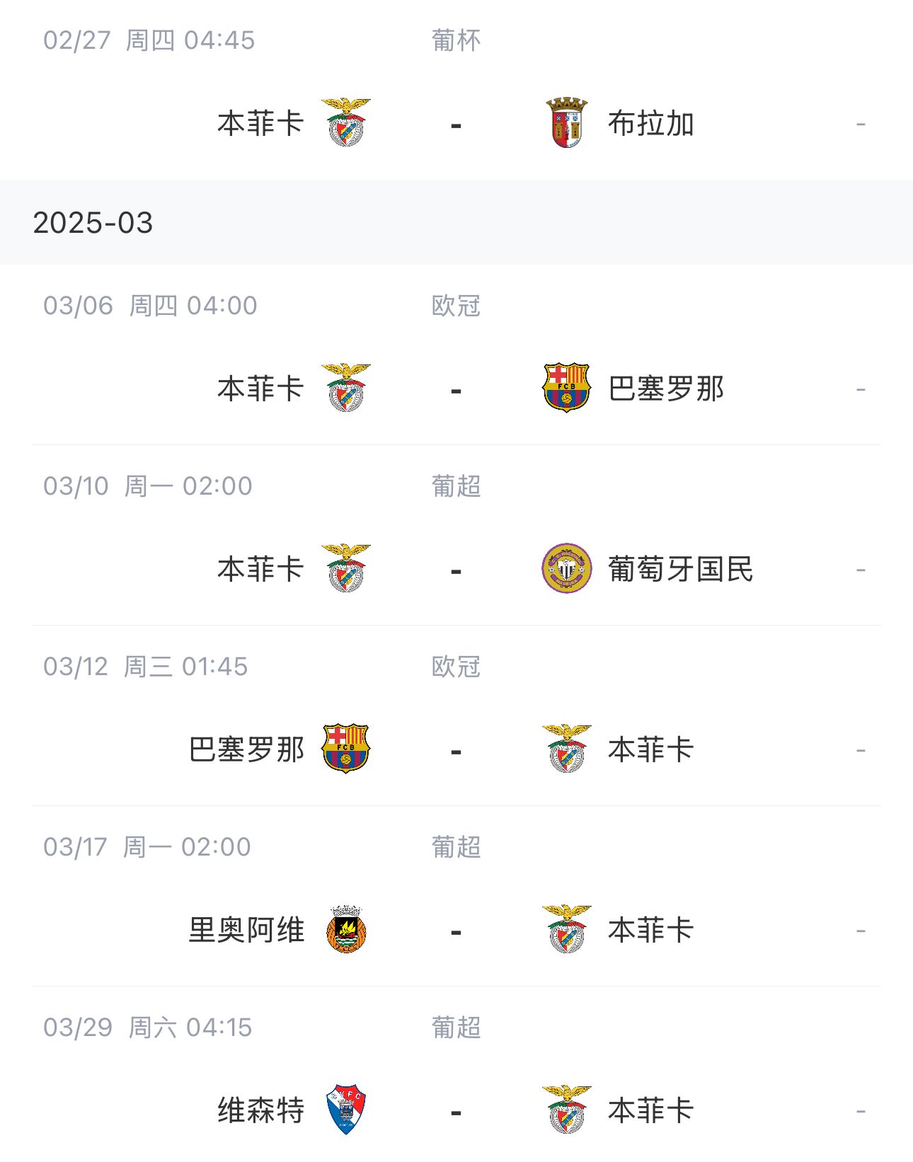  讓路歐冠！本菲卡戰(zhàn)巴薩首回合比賽前的葡超比賽推遲進(jìn)行