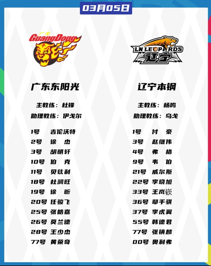  廣東VS遼寧大名單：胡明軒、張鎮(zhèn)麟都將復(fù)出 徐杰、趙繼偉出戰(zhàn)