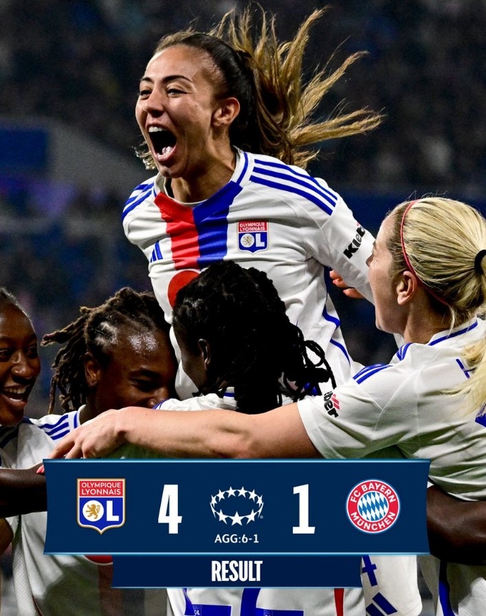  里昂女足4-1大勝拜仁女足，總比分6-1晉級女足歐冠半決賽